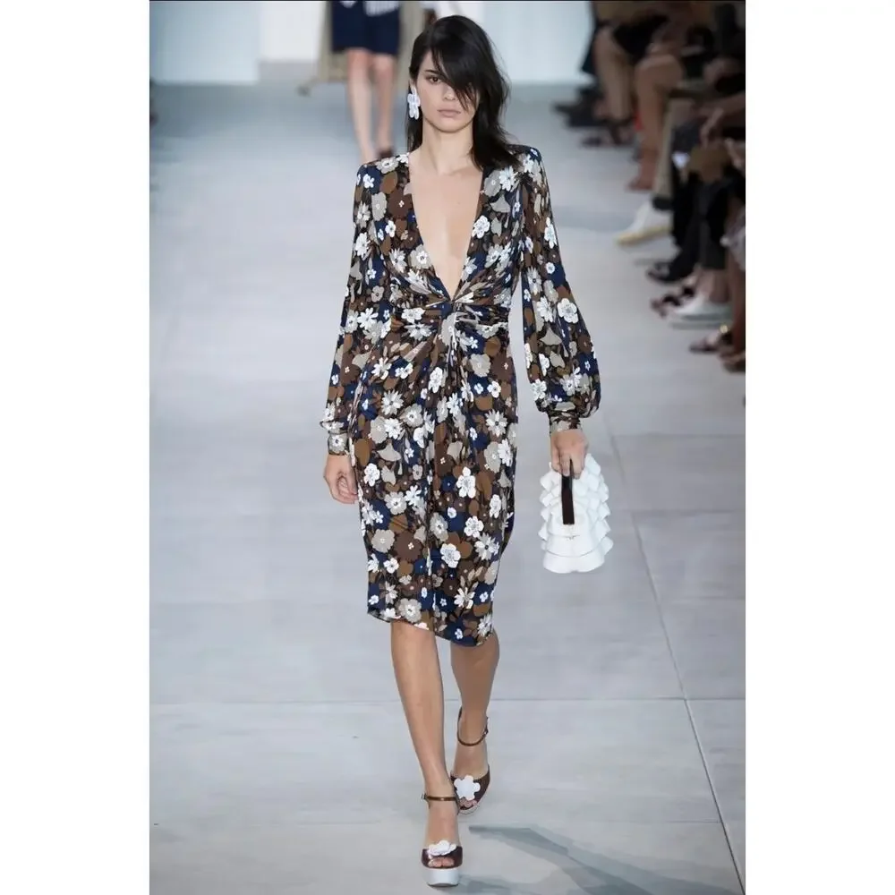 Michael Kors Collection Floral Ruched Open Back Plunge Designer Dress Italy Sz 2 - Picture 1 of 11